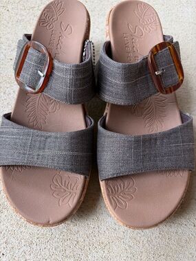 Skechers Gray Dual-Strap Slide Sandals with Tortoiseshell Buckles